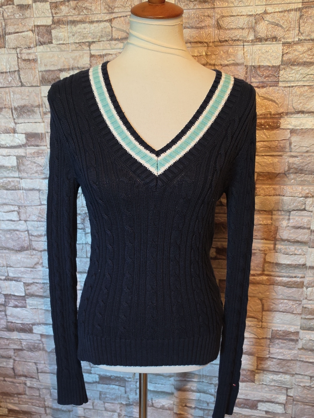 Tommy Hilfiger Navy Cable-Knit V-Neck Sweater with Striped Trim